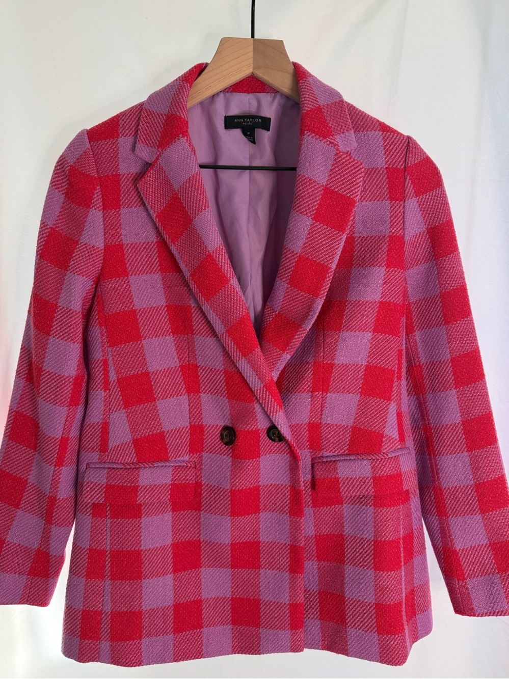 Ann Taylor Red & Pink Checked Double-Breasted Blazer